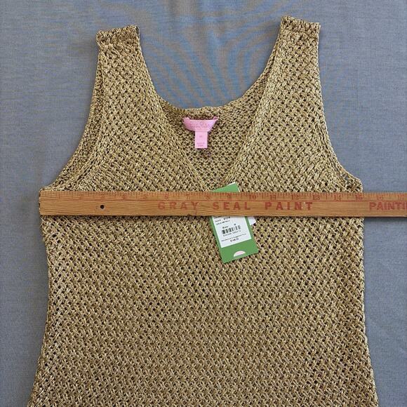 New Lilly Pulitzer Medium Gold Gina Sleeveless Sweater Open Knit Metallic New - Picture 8 of 10